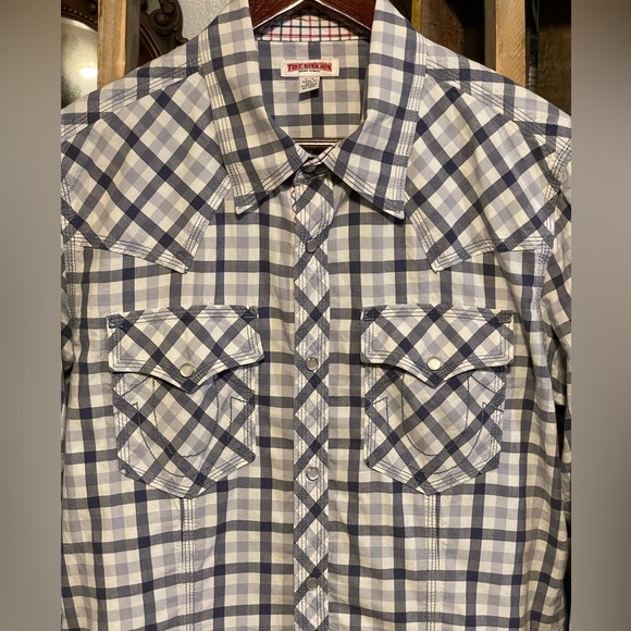 True Religion Men’s Plaid Long Sleeve Pearl Snap Western Shirt EUC Size XL - Picture 2 of 7